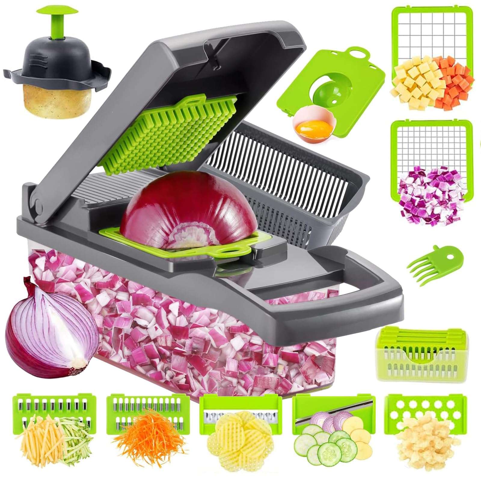 Multi-Blade Vegetable Slicer with 8 interchangeable stainless steel blades and built-in cutting container for safe, efficient vegetable and fruit preparation