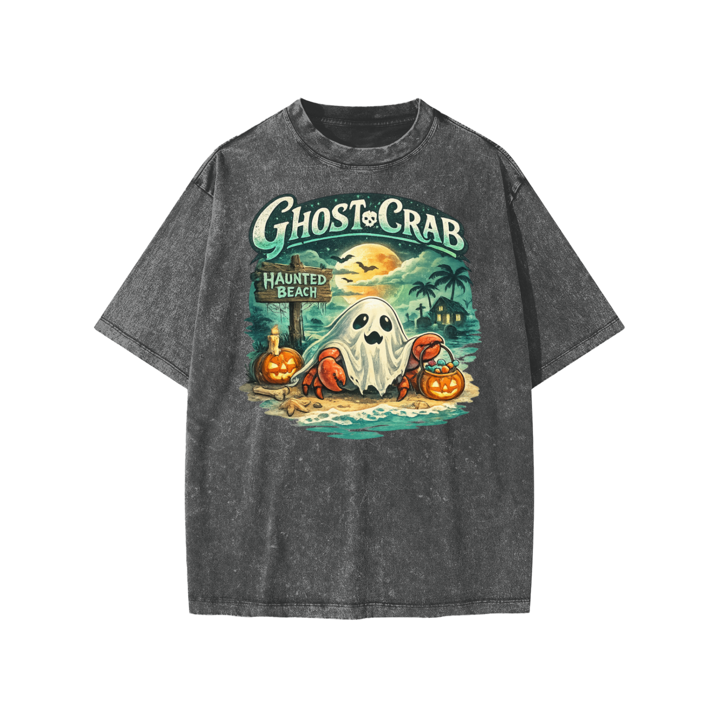 Ghost Crab Snow Washed Kids' T-Shirt featuring a coastal Halloween ghost crab graphic on vintage-style cotton fabric.