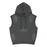 Unisex vintage wash sun fade sleeveless hoodie with heavy fabric and metal eyelets