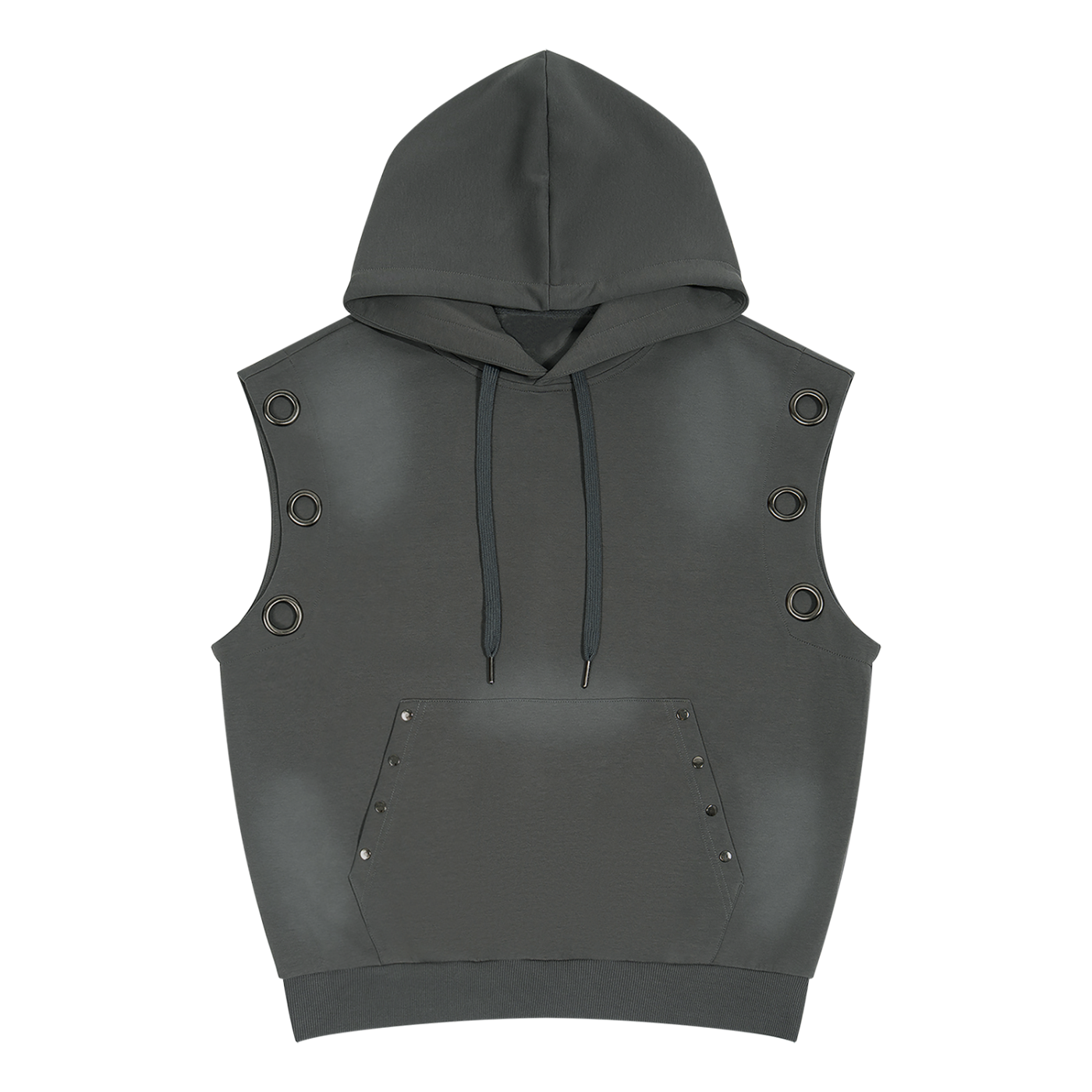 Unisex vintage wash sun fade sleeveless hoodie with heavy fabric and metal eyelets