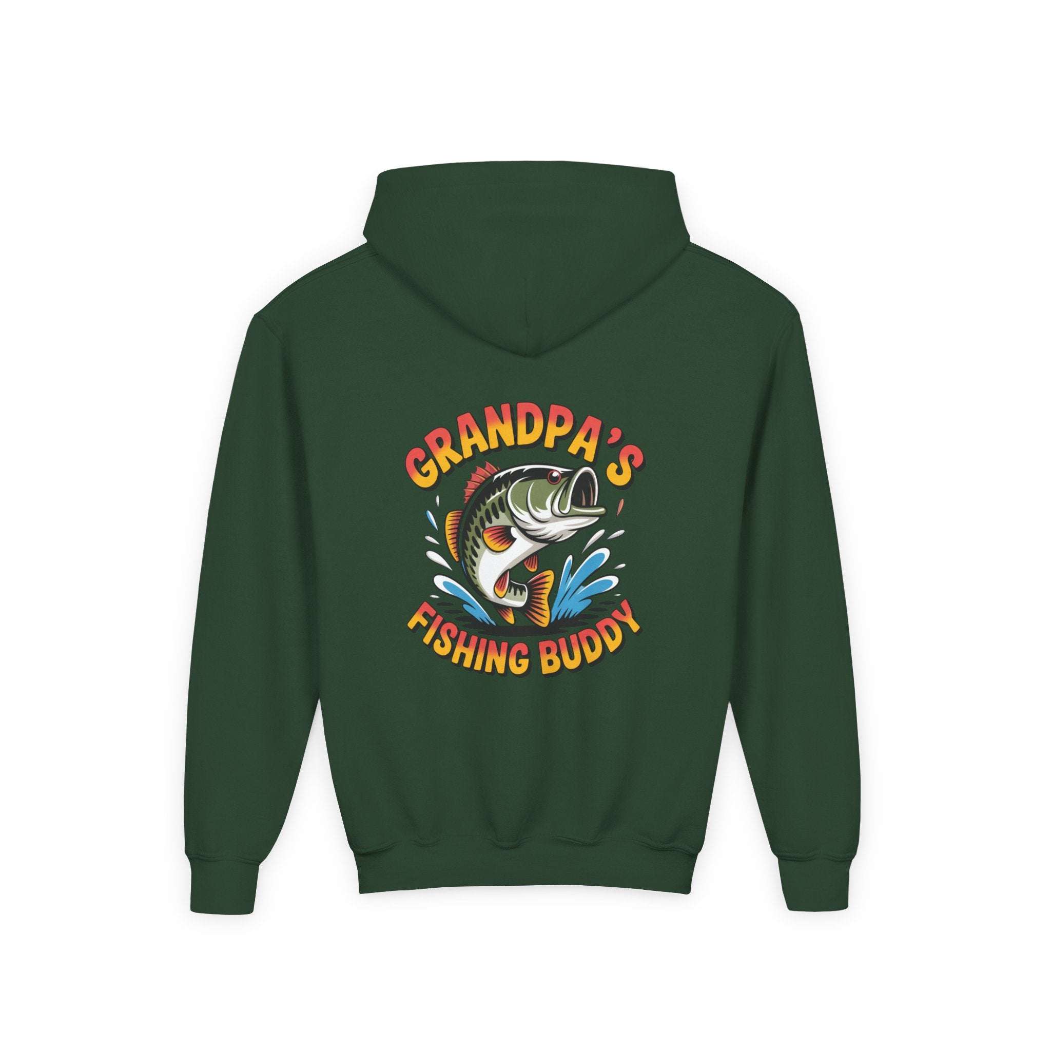Youth hooded sweatshirt with embroidered Grandpas Fishing Buddy Hoodie design and kangaroo pocket