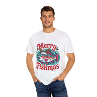 True Navy garment-dyed t-shirt featuring Merry Fishmas design for fishermen, by Printify