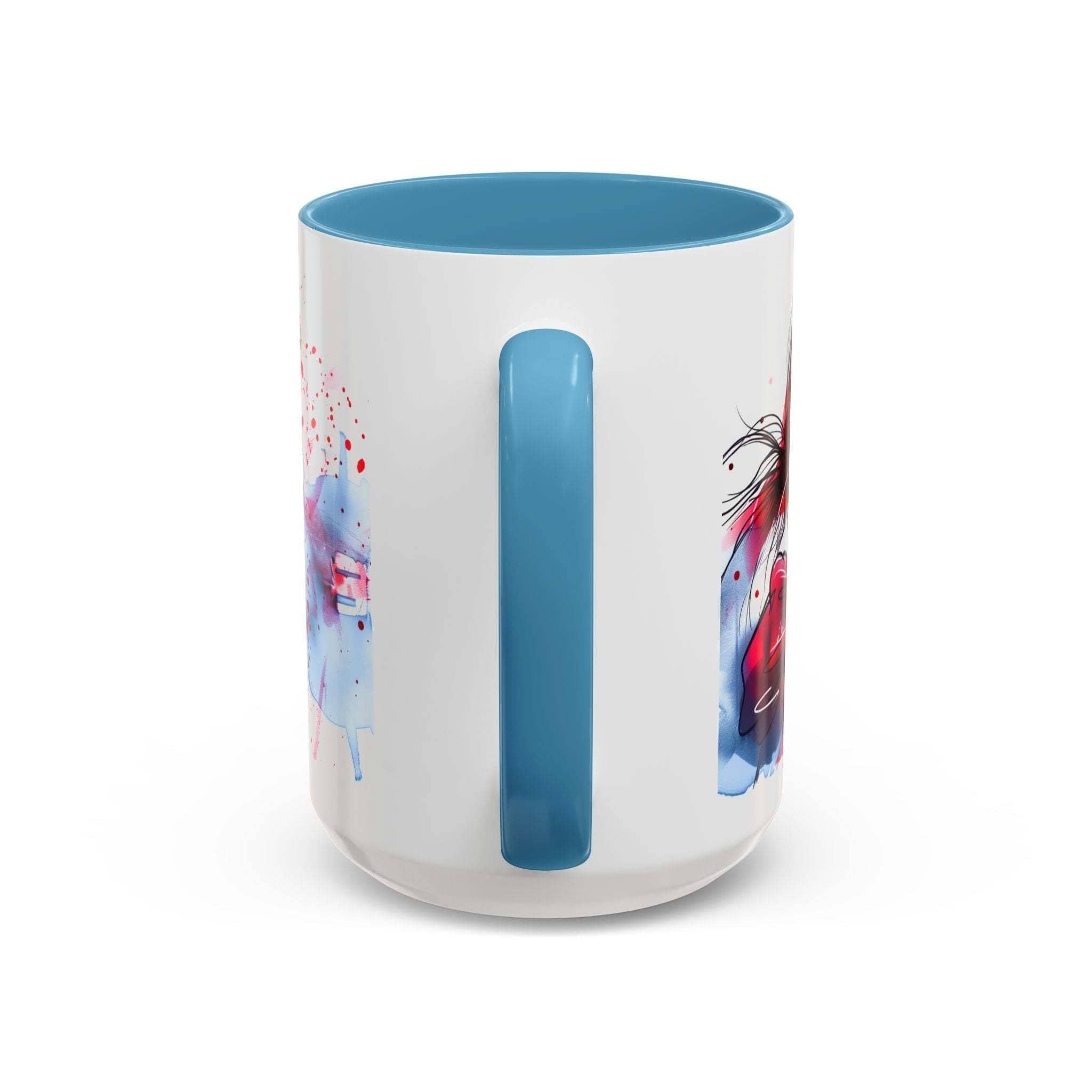 White mug with blue interior and handle, featuring artistic designs on a white background