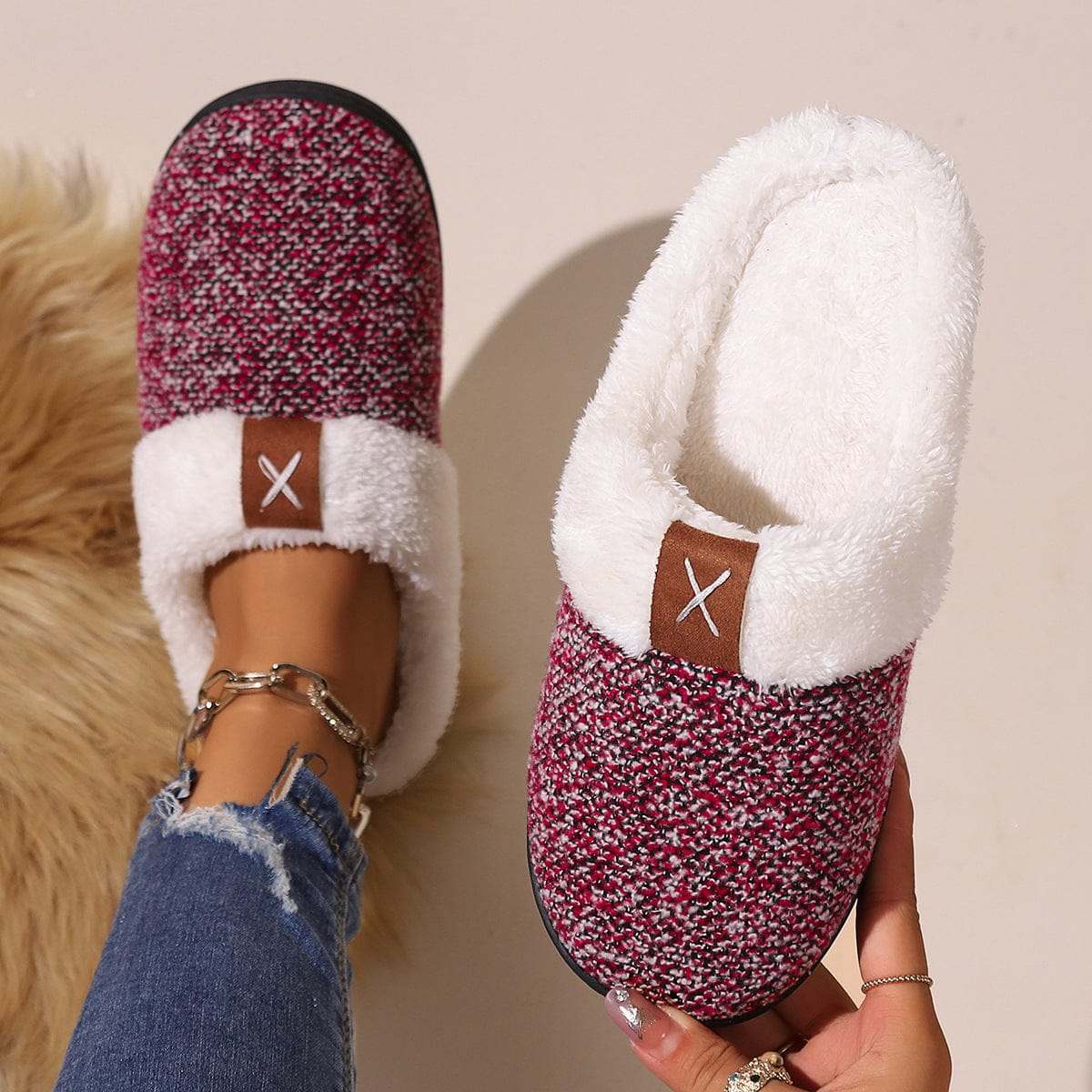Winter plush slippers with thick, warm round toe design in burgundy and gray colors, featuring anti-slip sole and cartoon pattern for home use.