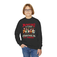 Navy youth crewneck sweatshirt featuring 'Making a List Chicken it Twice' graphic by Printify