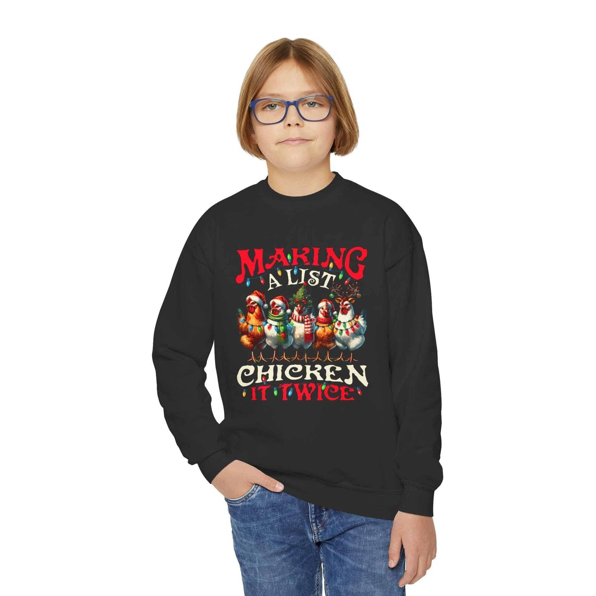 Navy youth crewneck sweatshirt featuring 'Making a List Chicken it Twice' graphic by Printify