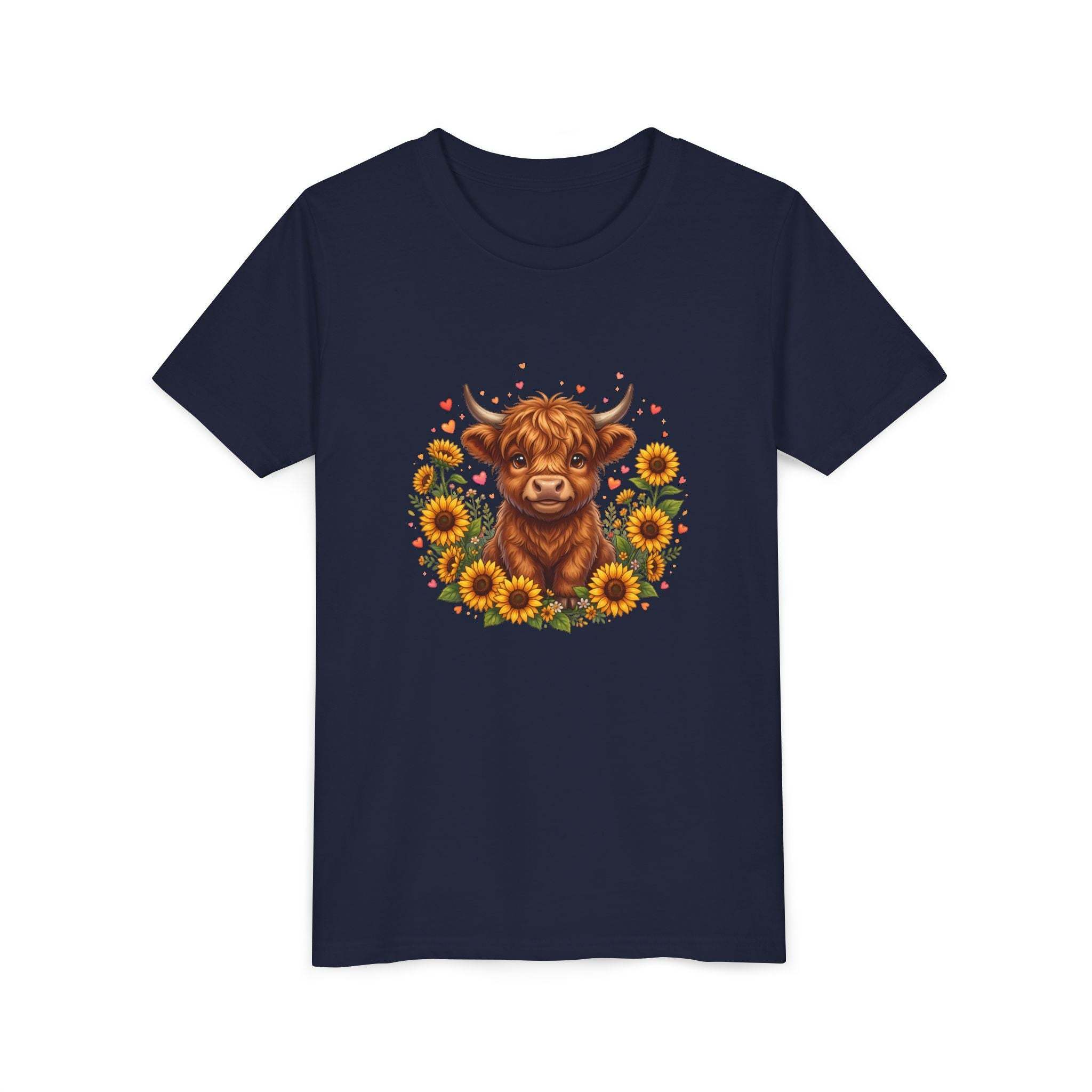 Highland Cow with Sunflowers Youth Tee | Cute Calf Floral Kids Shirt