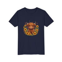 Youth tee featuring a Highland Cow with sunflowers design on soft cotton fabric