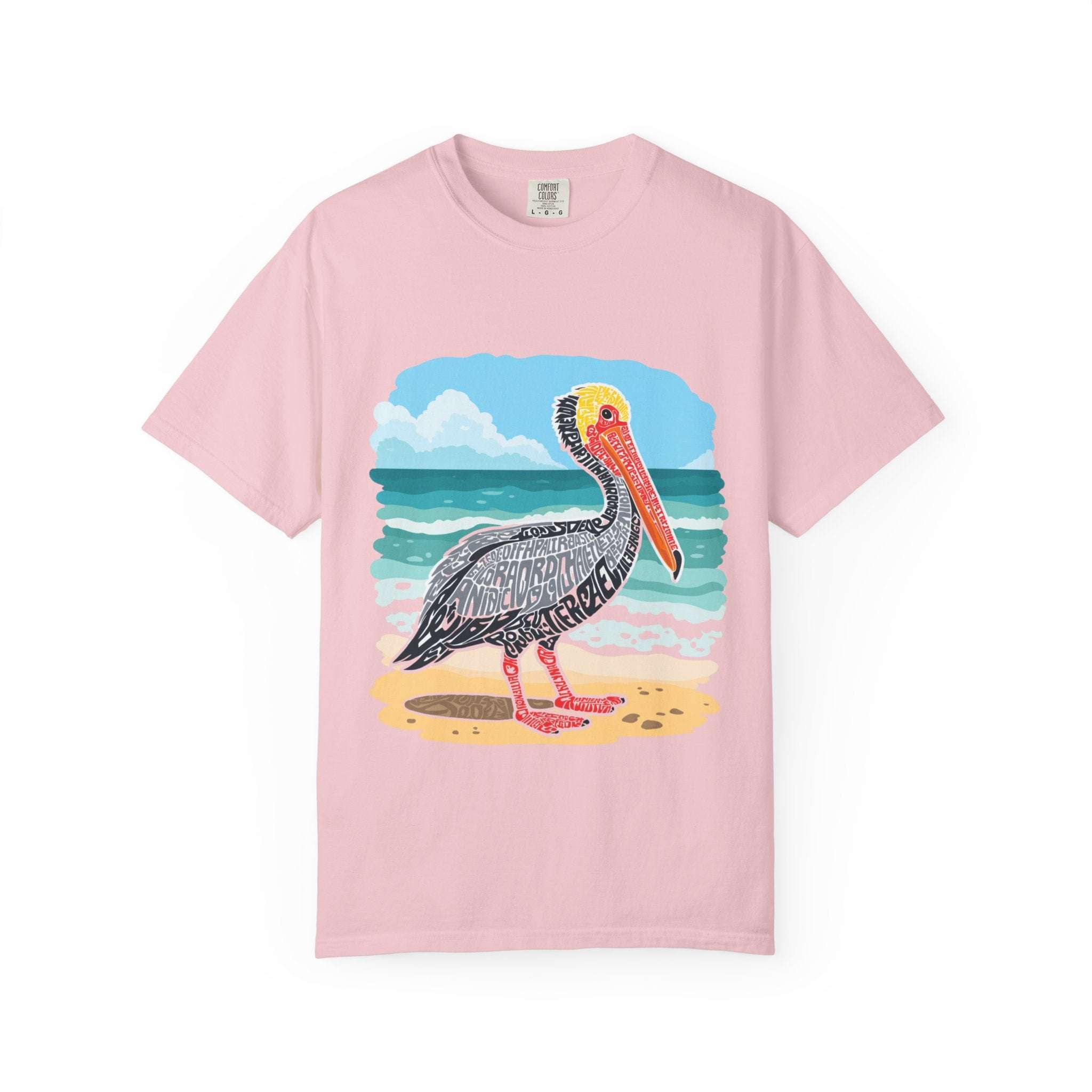 Pink vintage Pelican Letter Poster graphic tee with coastal beach design