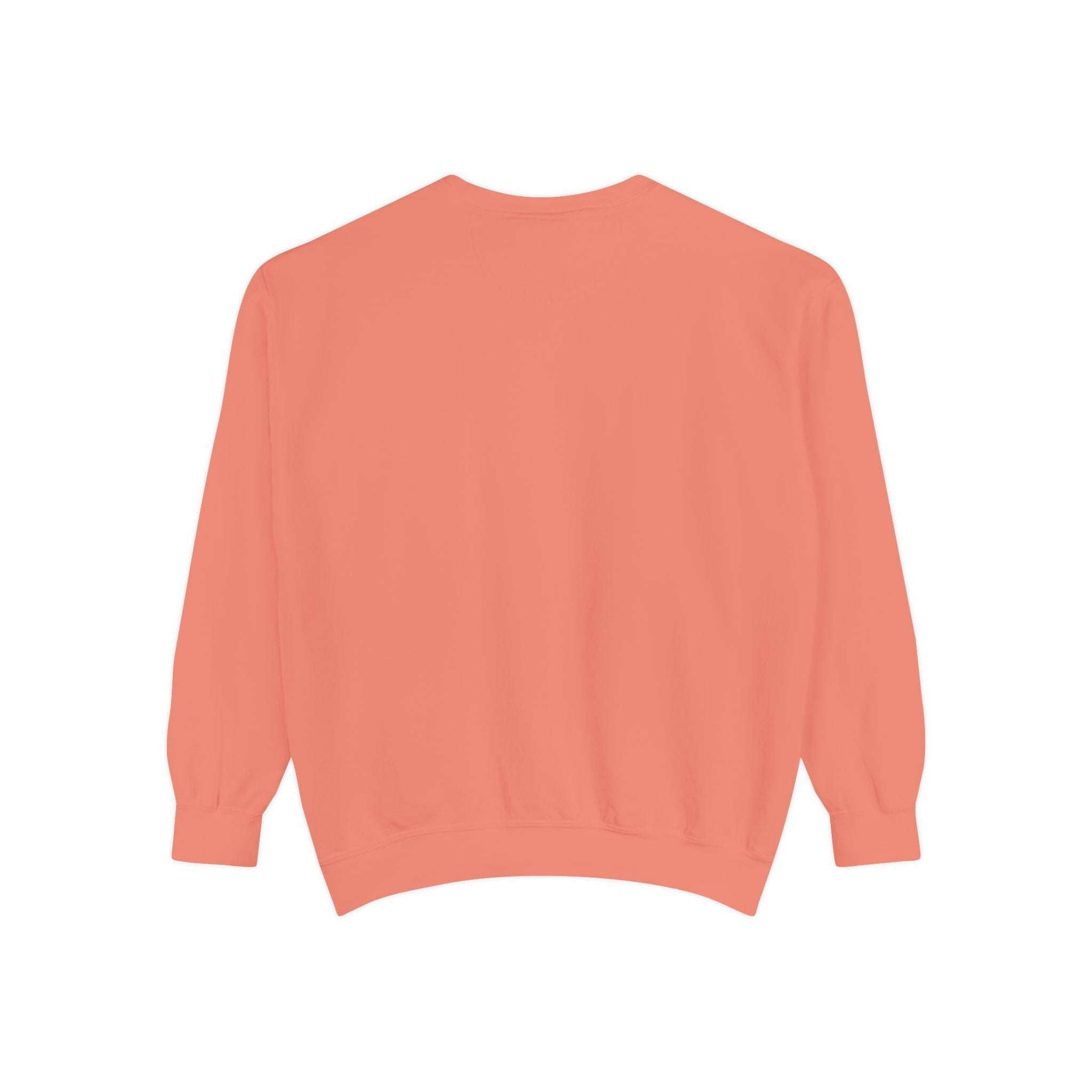 back view of coral vintage Christmas sweatshirt with ribbed cuffs and hem