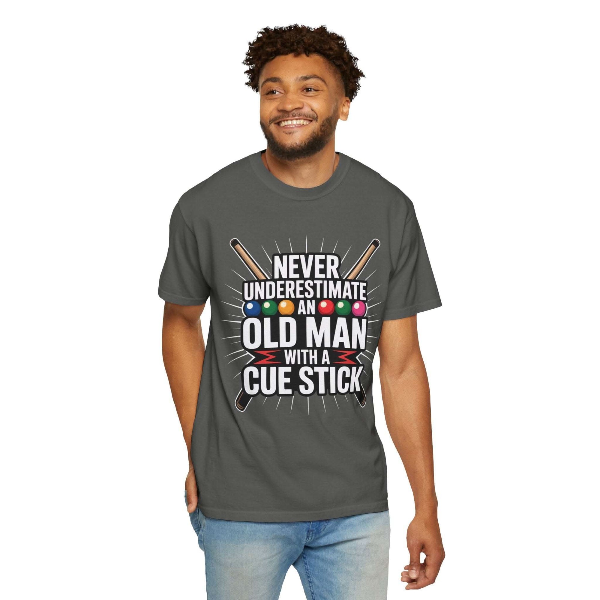 Man wearing gray Never Underestimate An Old Man With A Pool Cue T-Shirt with cue sticks and pool balls design