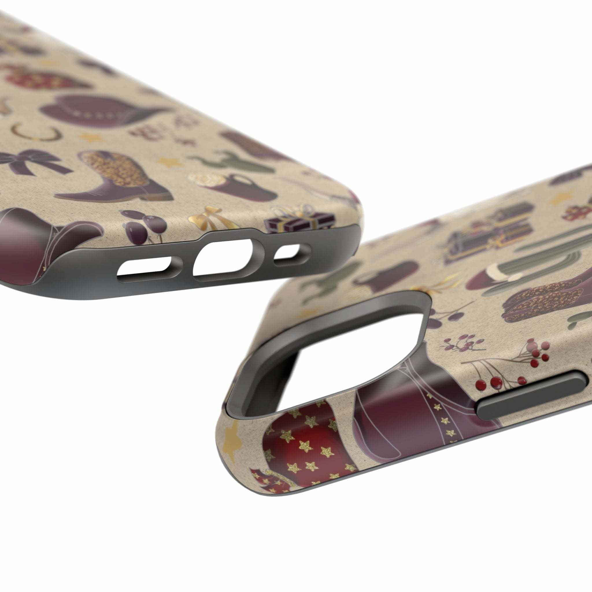 Cowboy Christmas design phone case for iPhone 17 in glossy finish by Printify, featuring festive colors and patterns.