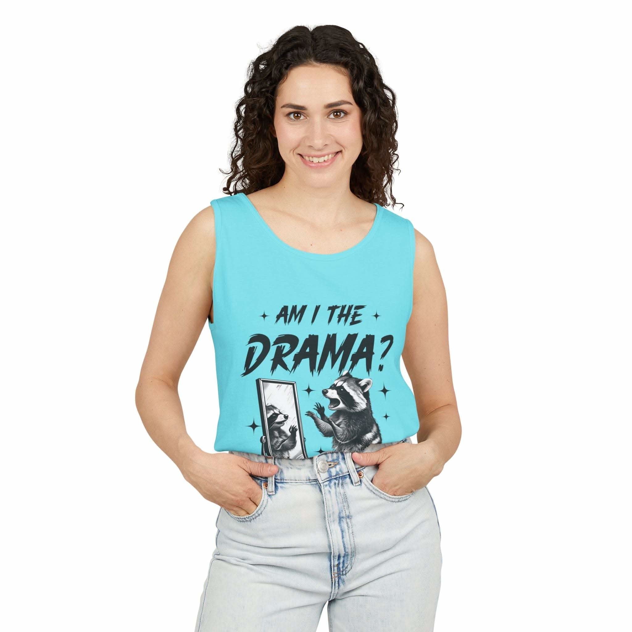 Woman wearing light blue tank top with "Am I The Drama?" raccoon design