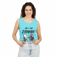 Woman wearing light blue tank top with "Am I The Drama?" raccoon design
