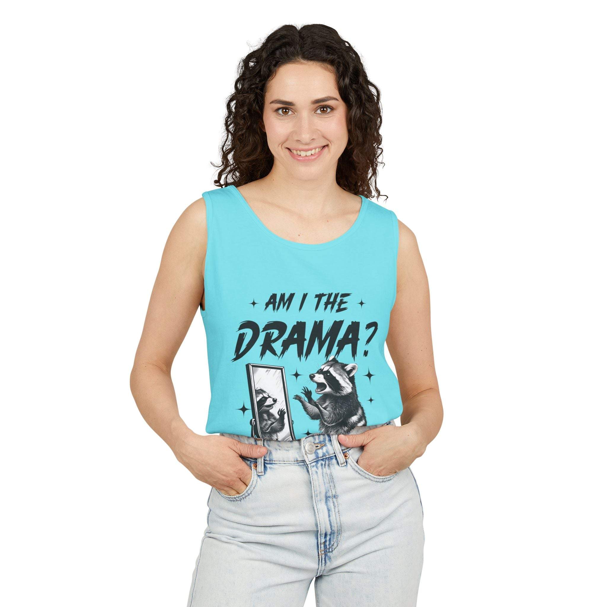 Woman wearing light blue tank top with "Am I The Drama?" raccoon design