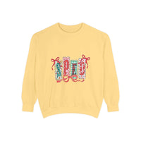 Pepper-colored garment-dyed sweatshirt for SPED teachers, festive Christmas design, available in various sizes.