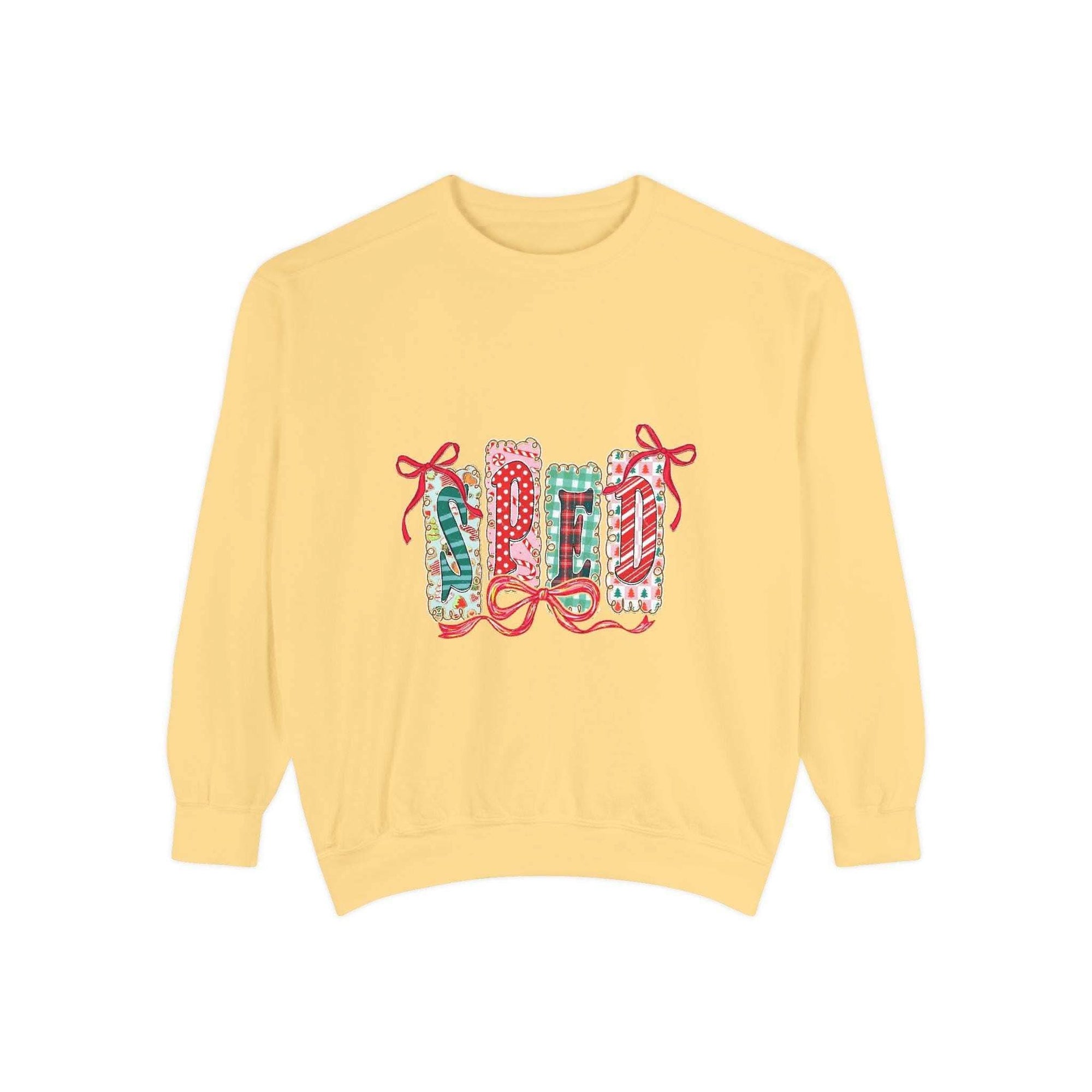 Pepper-colored garment-dyed sweatshirt for SPED teachers, festive Christmas design, available in various sizes.