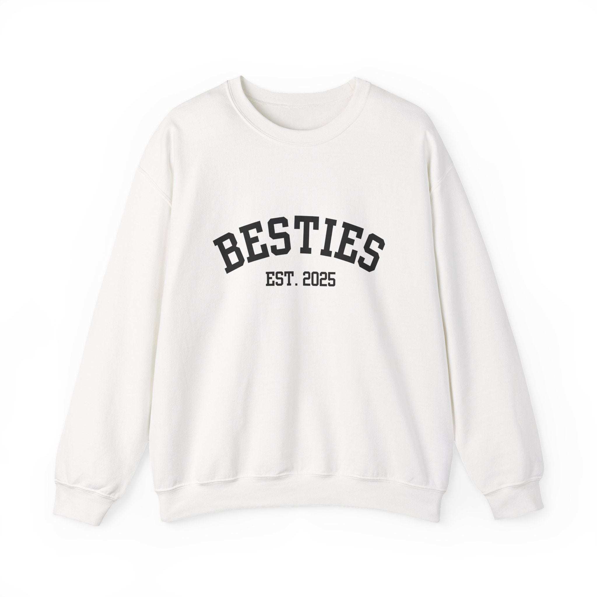 White Varsity Besties Crewneck Sweatshirt with black embroidered "BESTIES EST. 2025" text, classic fit and soft cotton-poly blend.