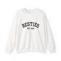 White Varsity Besties Crewneck Sweatshirt with black embroidered "BESTIES EST. 2025" text, classic fit and soft cotton-poly blend.