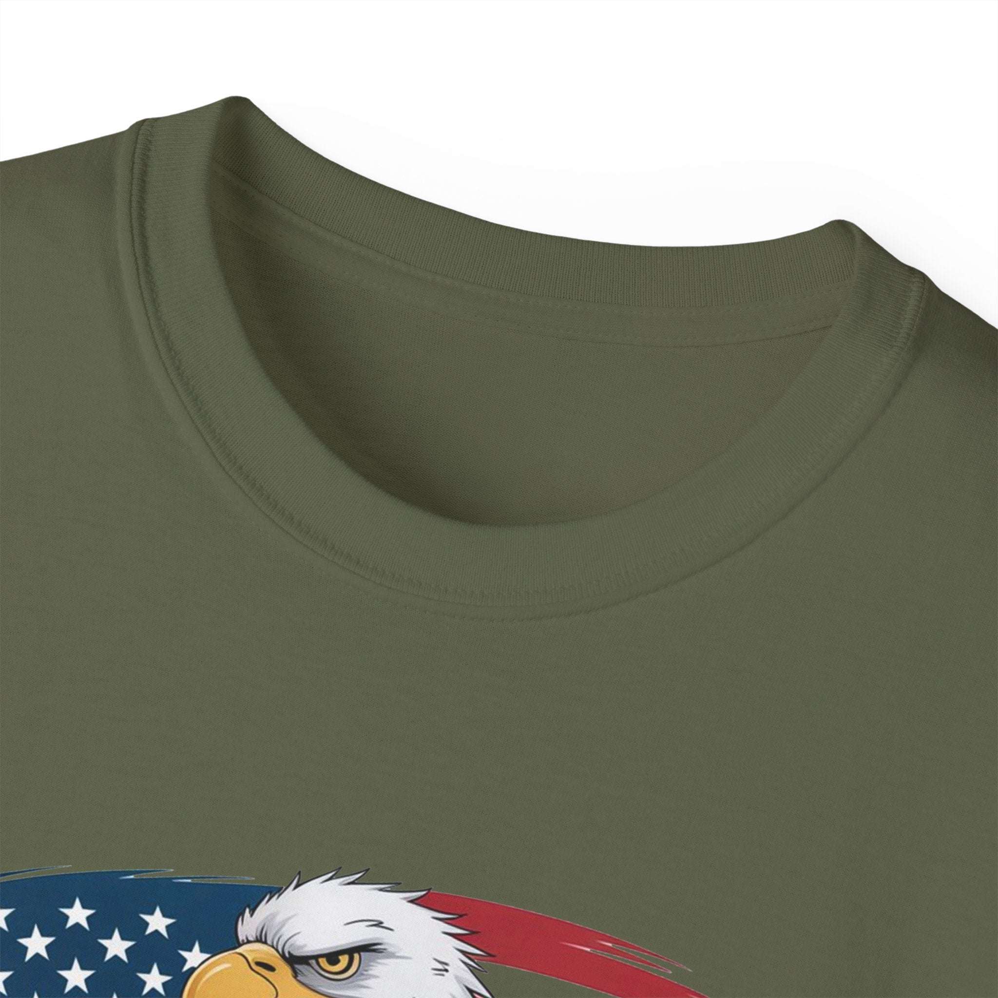 Close-up of olive green Veteran Tee Shirt featuring patriotic eagle and flag design, medium weight fabric with classic fit