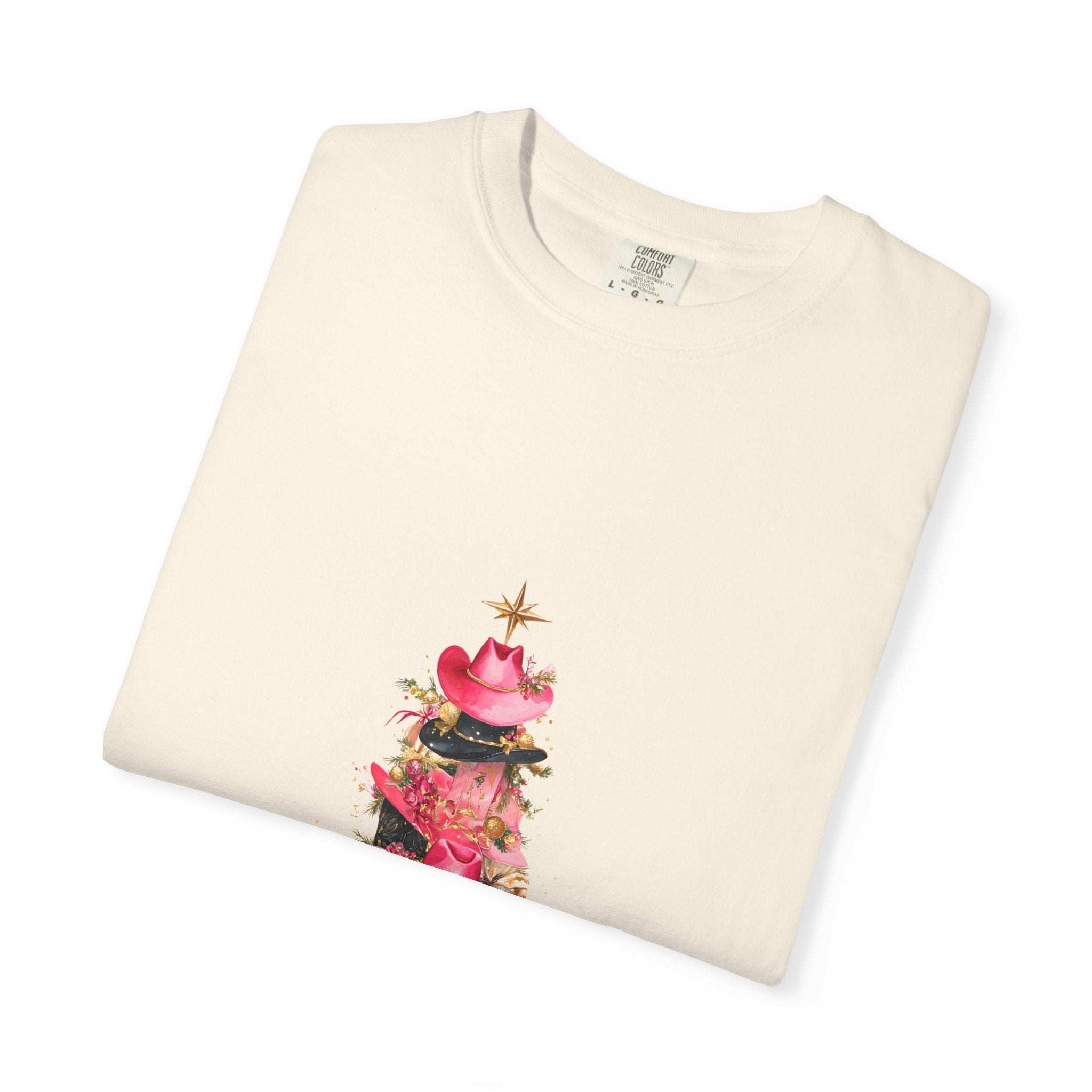 Pepper-colored cotton t-shirt featuring a festive cowgirl Christmas tree design by Printify