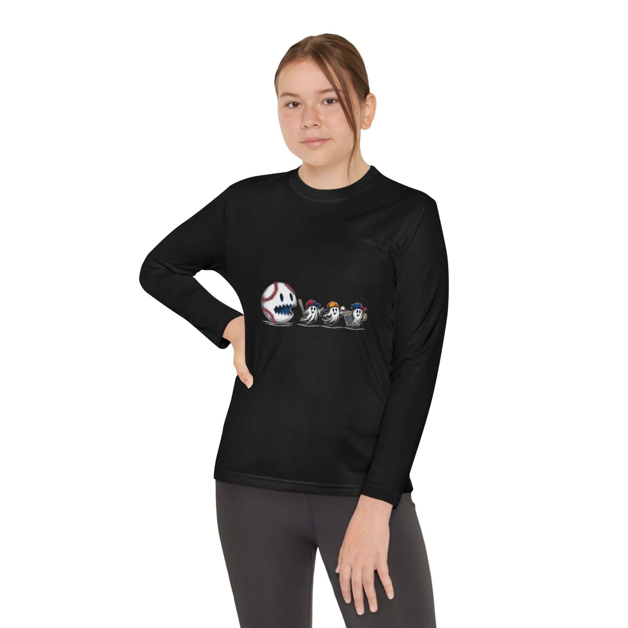Youth Tee black long sleeve shirt with baseball eating Halloween ghosts graphic design