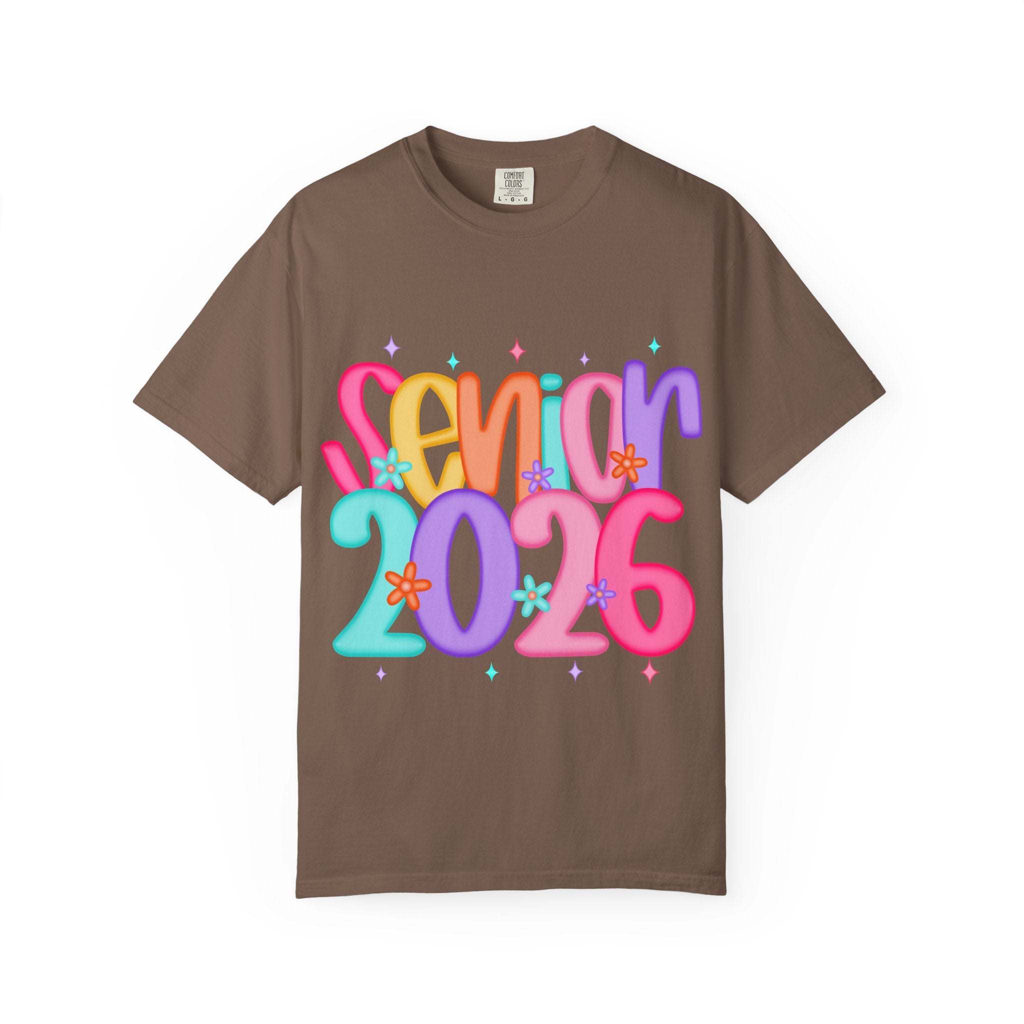 Garment-dyed unisex t-shirt in black, featuring 'Senior 2026' print from Printify.