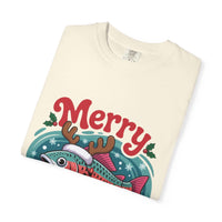 True Navy garment-dyed t-shirt featuring Merry Fishmas design for fishermen, by Printify