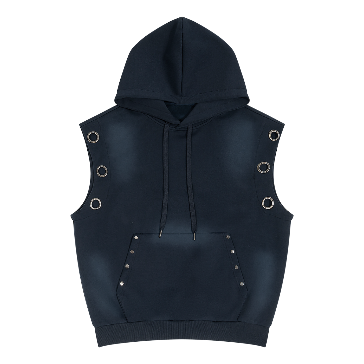 Unisex vintage wash sun fade sleeveless hoodie with heavyweight fabric and metal eyelets