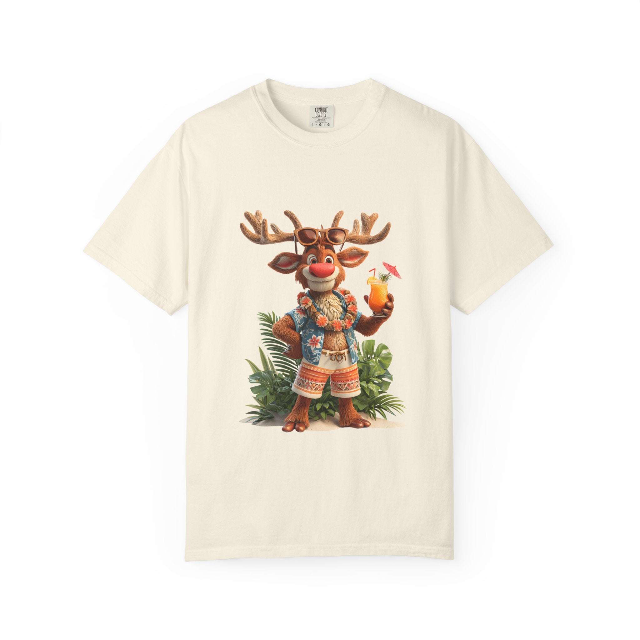 Unisex True Navy garment-dyed t-shirt featuring a tropical vacation reindeer design, perfect for summer holiday wear.