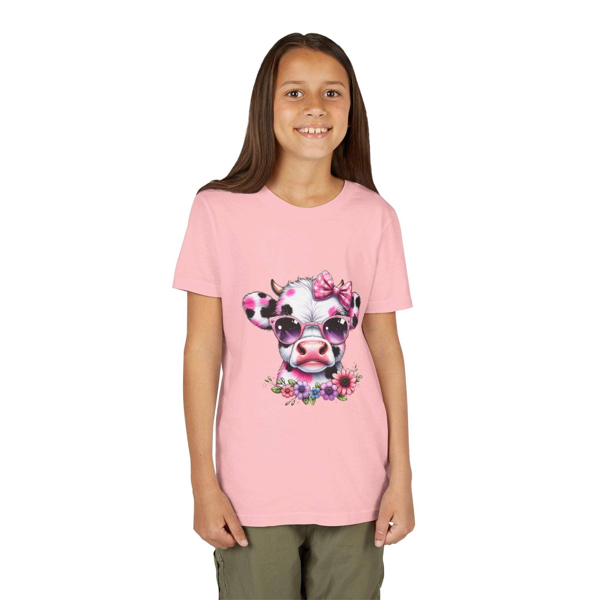 Pink floral highland cow graphic youth tee shirt for kids