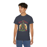 Black Merry Pugmas holiday t-shirt from Printify, featuring festive pug design for dog lovers.