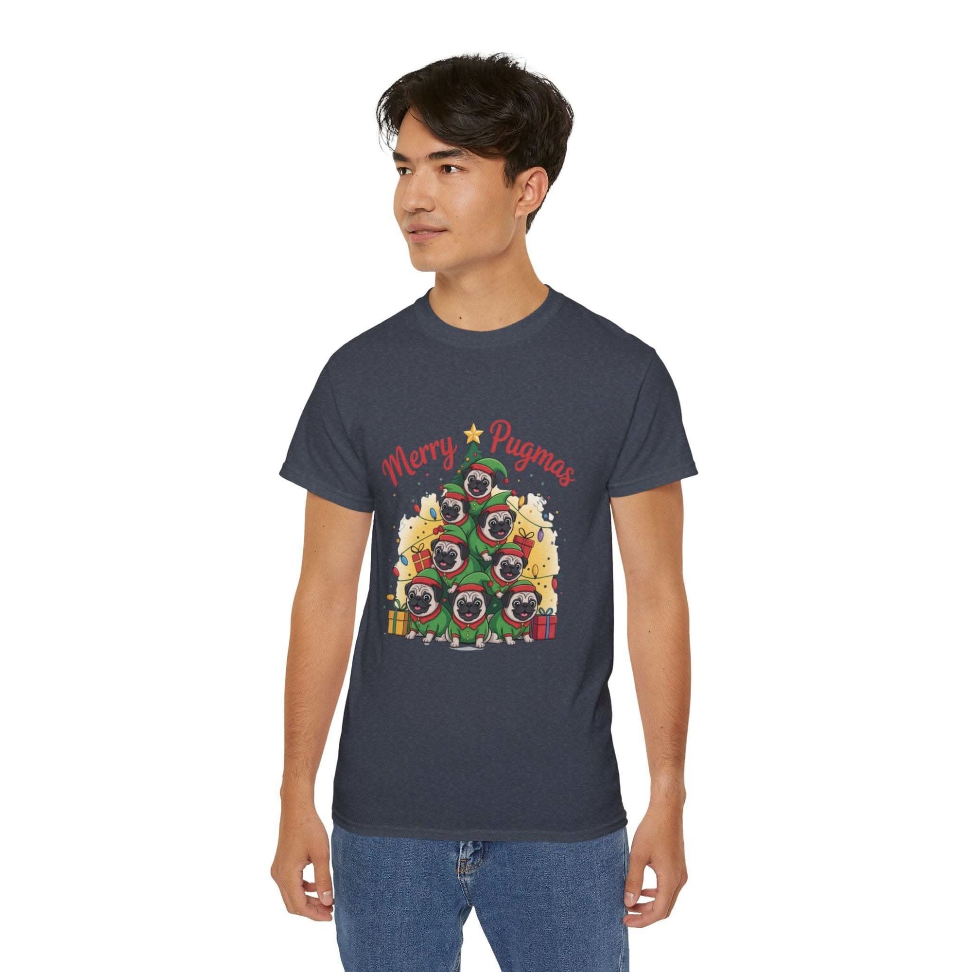 Black Merry Pugmas holiday t-shirt from Printify, featuring festive pug design for dog lovers.