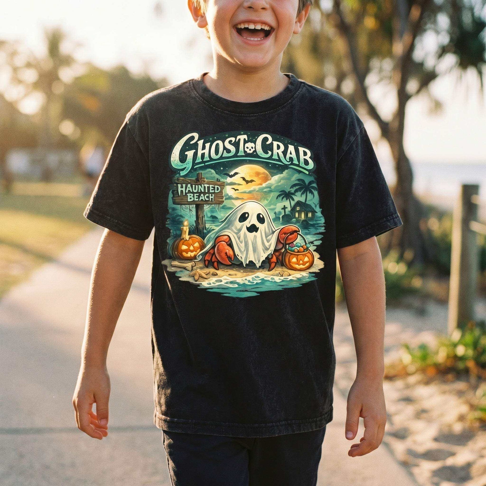 Ghost Crab Snow Washed Kids' T-Shirt with coastal Halloween graphic on vintage cotton fabric