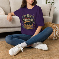 Surreal black cat in box t-shirt with "Please Do Not Perceive Me" weirdcore graphic and occult eyes design