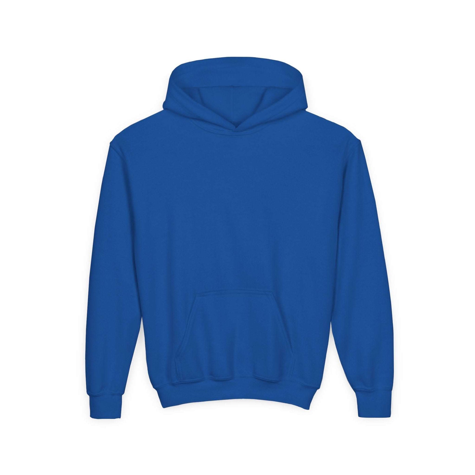 blue Patchwork Wild Word Hoodie with kangaroo pocket and hood for children
