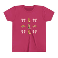 Youth pink t-shirt featuring Cowboy Horse & Boots design with pink bows and Western hat print