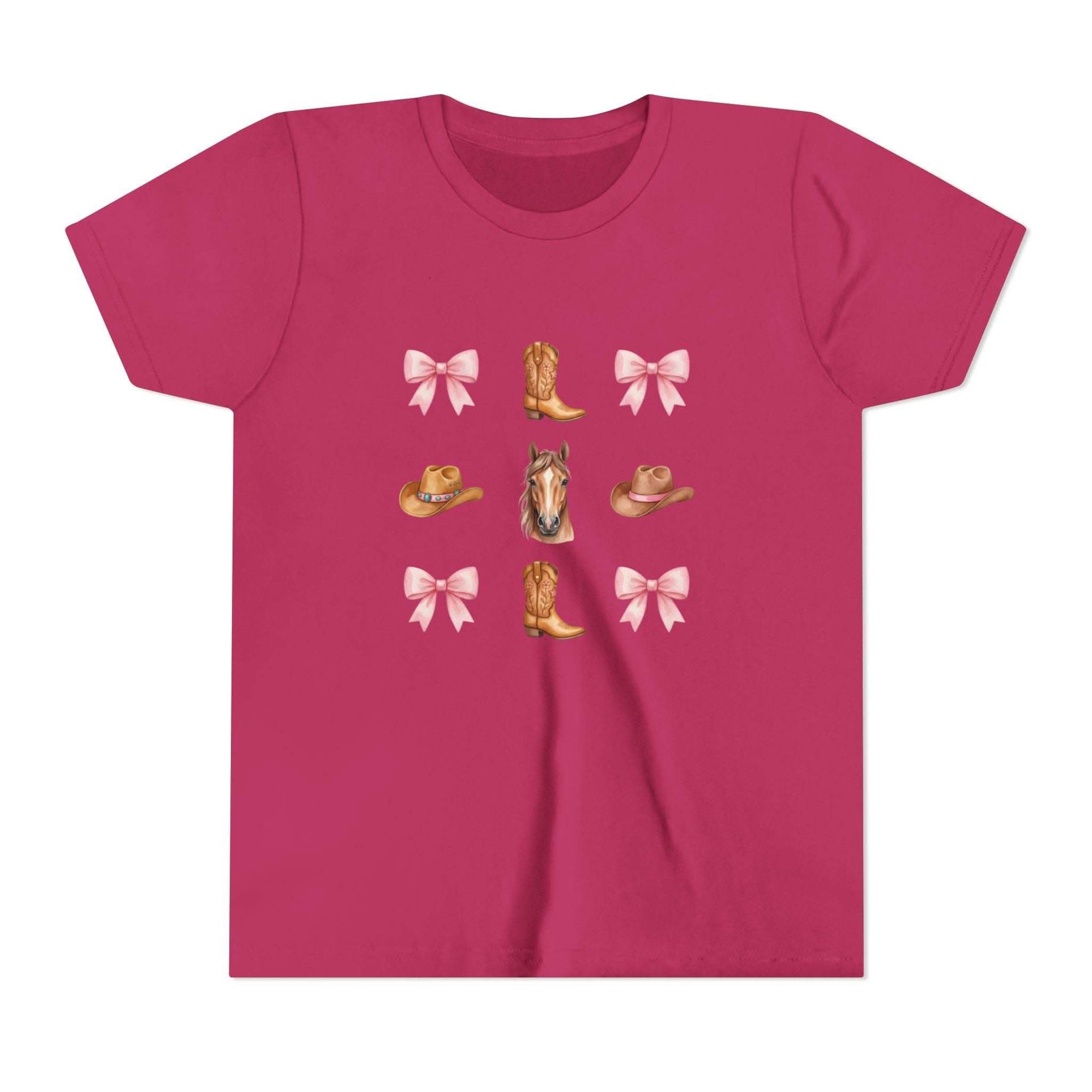 Youth pink t-shirt featuring Cowboy Horse & Boots design with pink bows and Western hat print