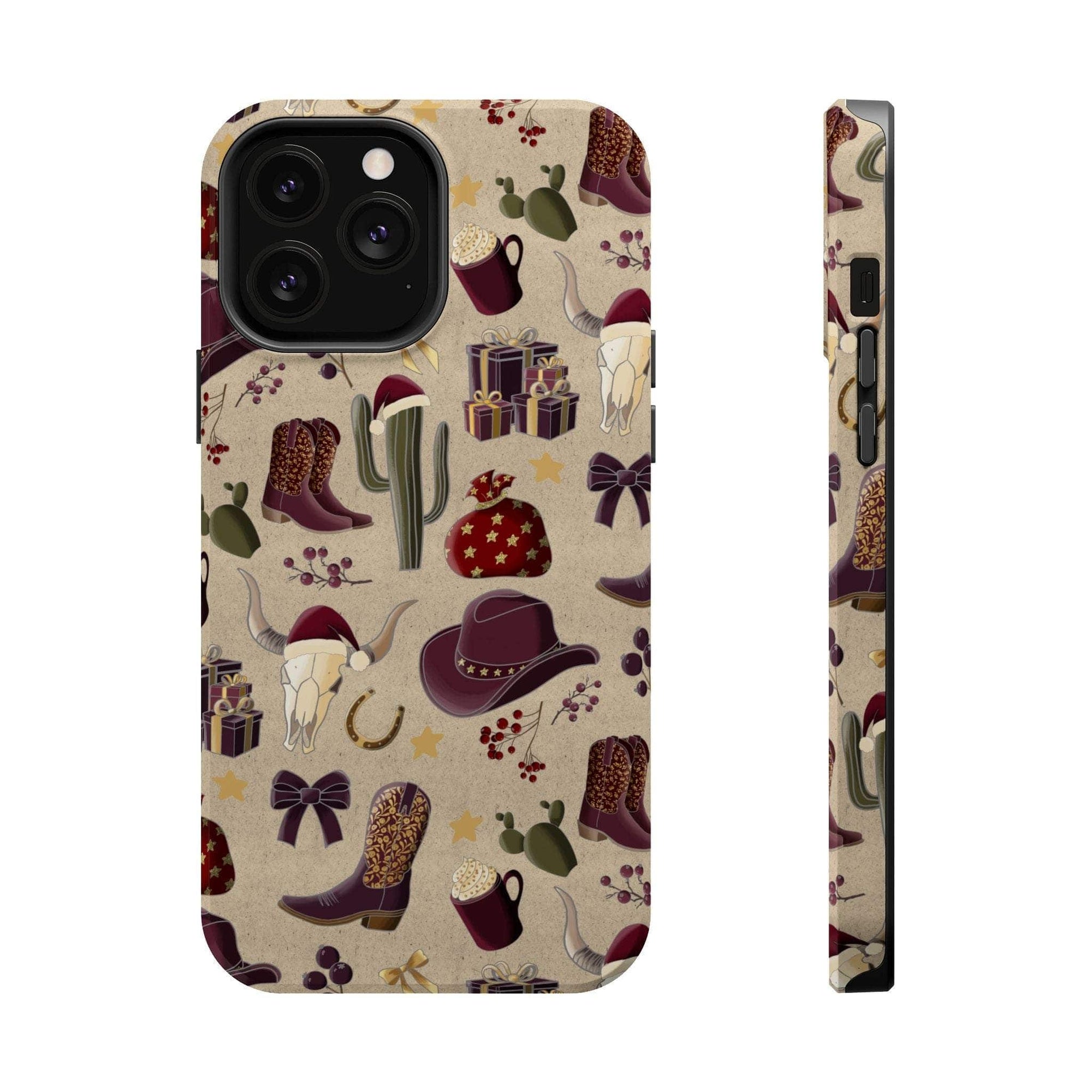 Cowboy Christmas design phone case for iPhone 17 in glossy finish by Printify, featuring festive colors and patterns.