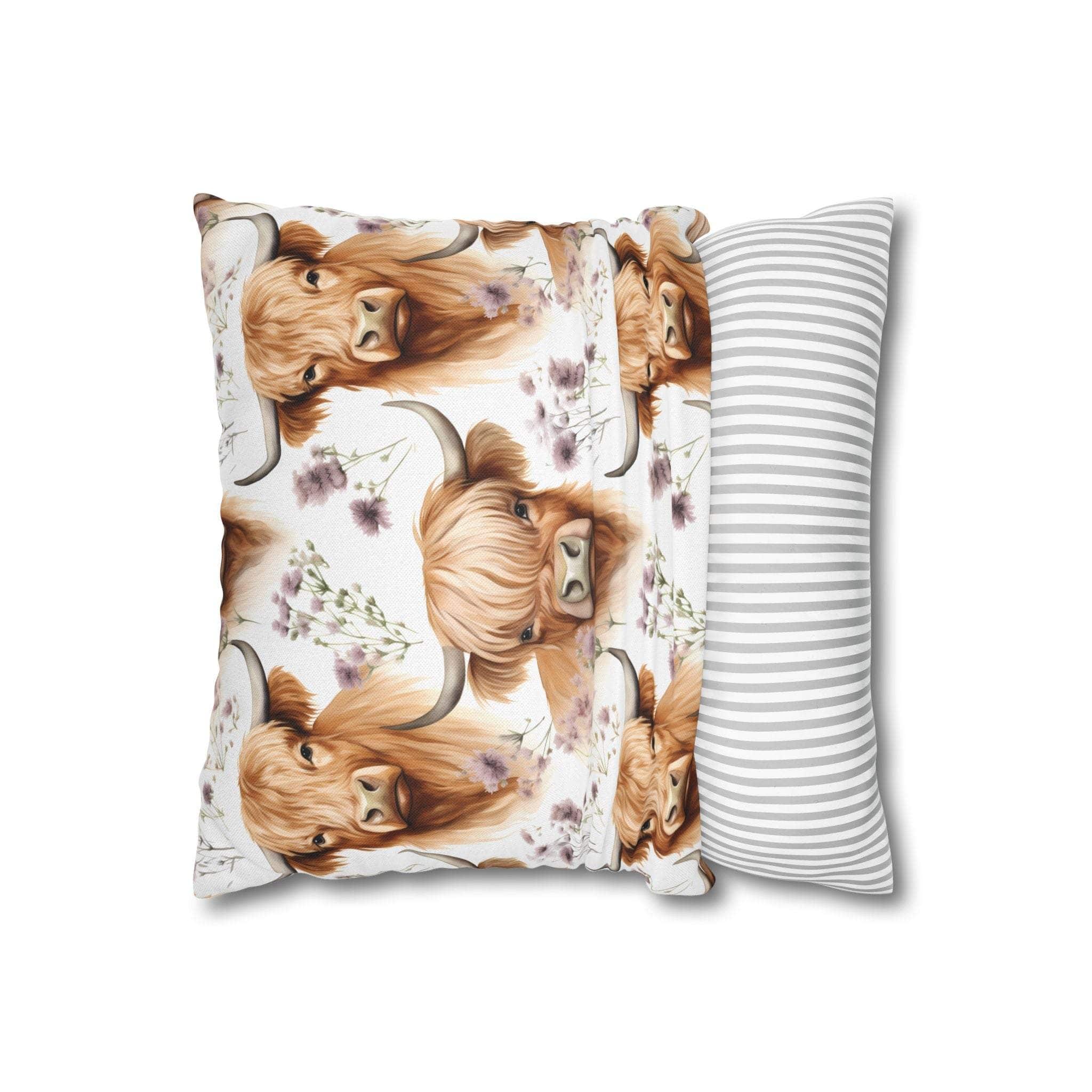 Floral Highland Cow pillowcase with delicate blooms and rustic farmhouse charm