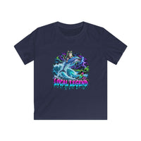 A navy blue short-sleeve t-shirt with a colorful graphic print on the front. The graphic features a cat riding a dolphin amidst blue waves and purple lightning, with the text 'LOCAL LEGEND' in a dripping neon pink and blue font below it.