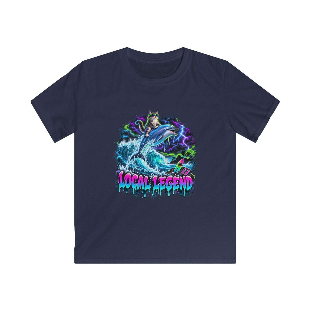 A navy blue short-sleeve t-shirt with a colorful graphic print on the front. The graphic features a cat riding a dolphin amidst blue waves and purple lightning, with the text 'LOCAL LEGEND' in a dripping neon pink and blue font below it.