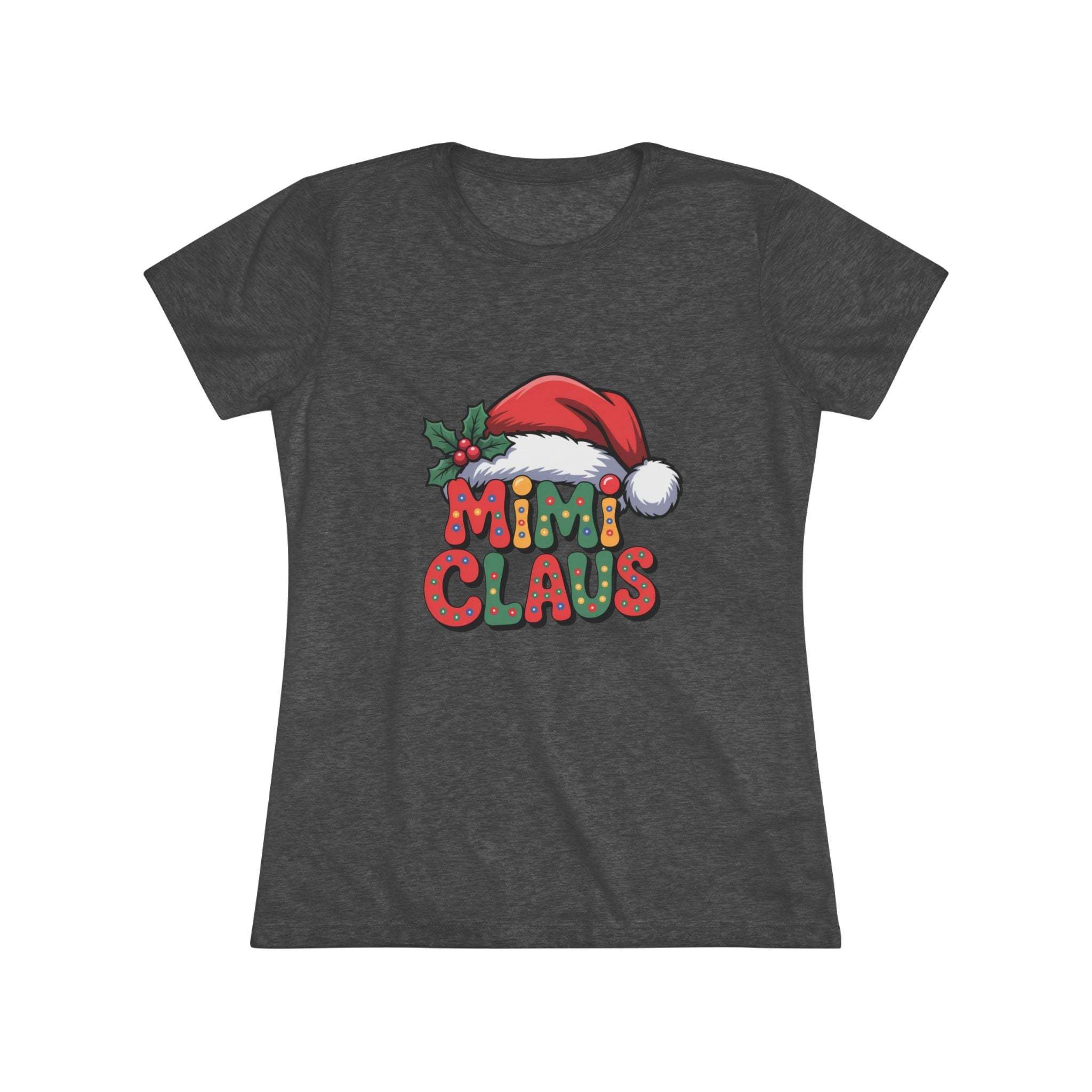 Women's T-shirt with festive Mimi Claus Christmas design on soft dark triblend fabric