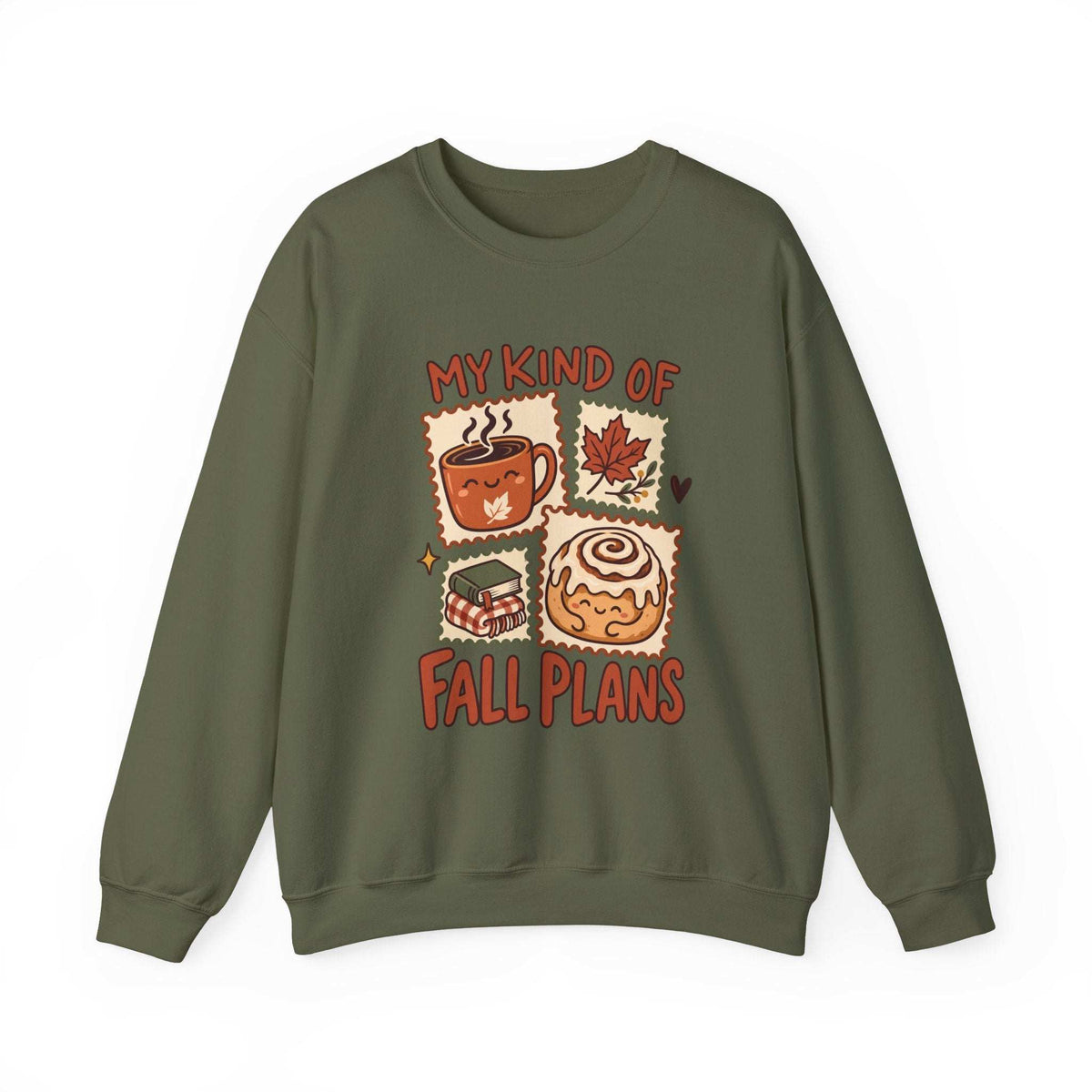An olive green crewneck sweatshirt featuring a graphic print of autumn-themed illustrations and the text 'MY KIND OF FALL PLANS' in red.