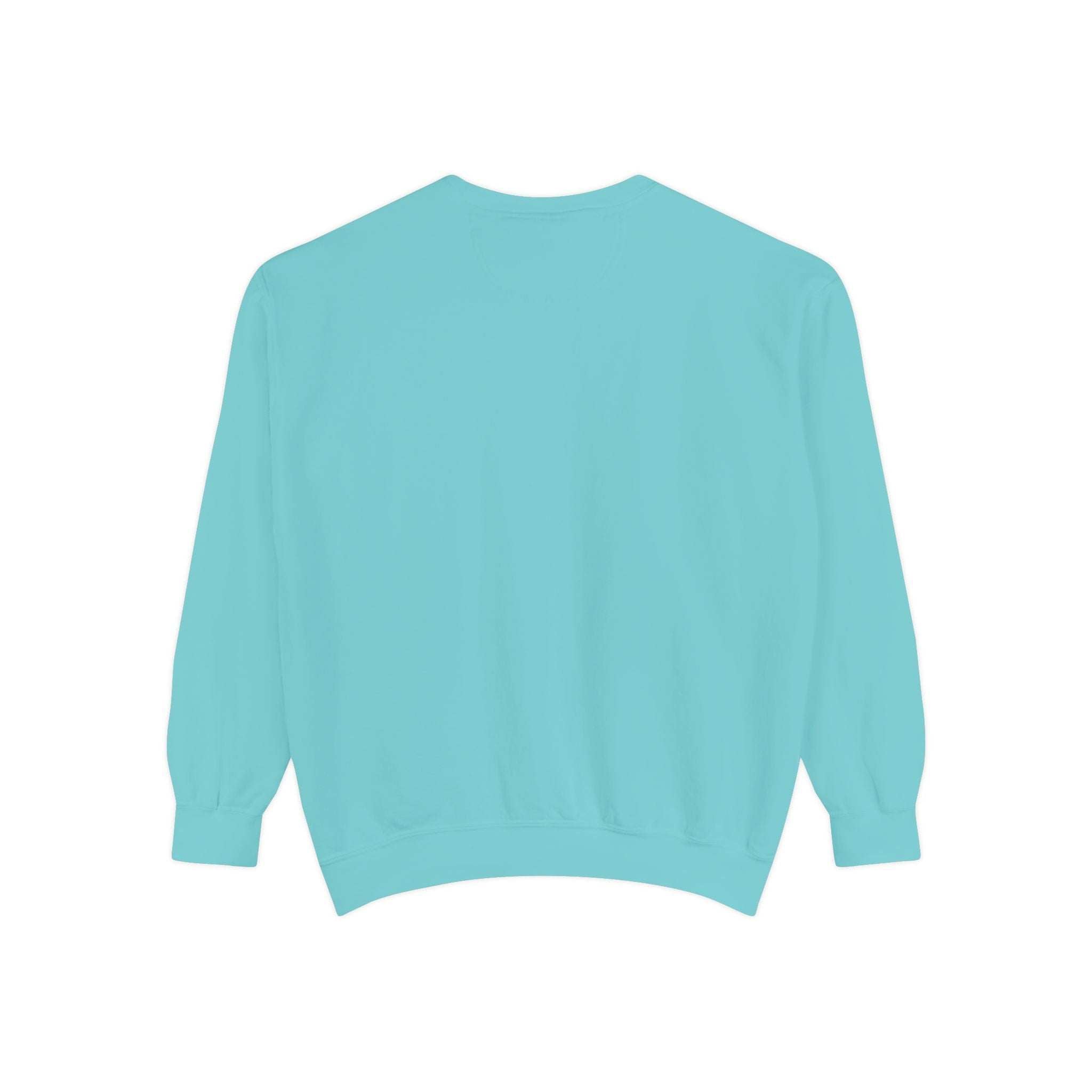 Back view of light blue Vintage North Pole Book Club sweatshirt with ribbed collar, cuffs, and hem.