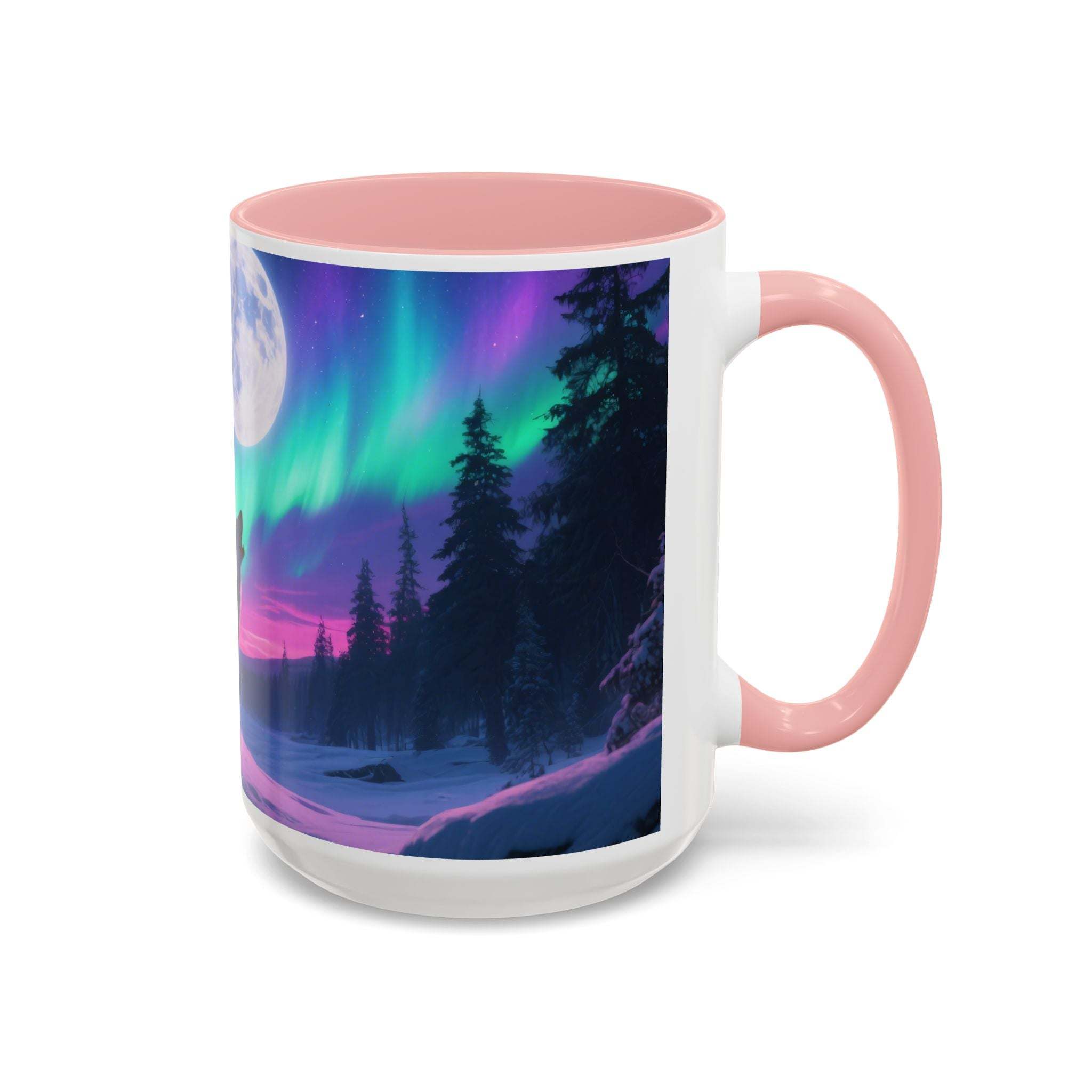 Howling wolf aurora mug with pink handle and northern lights design on white ceramic