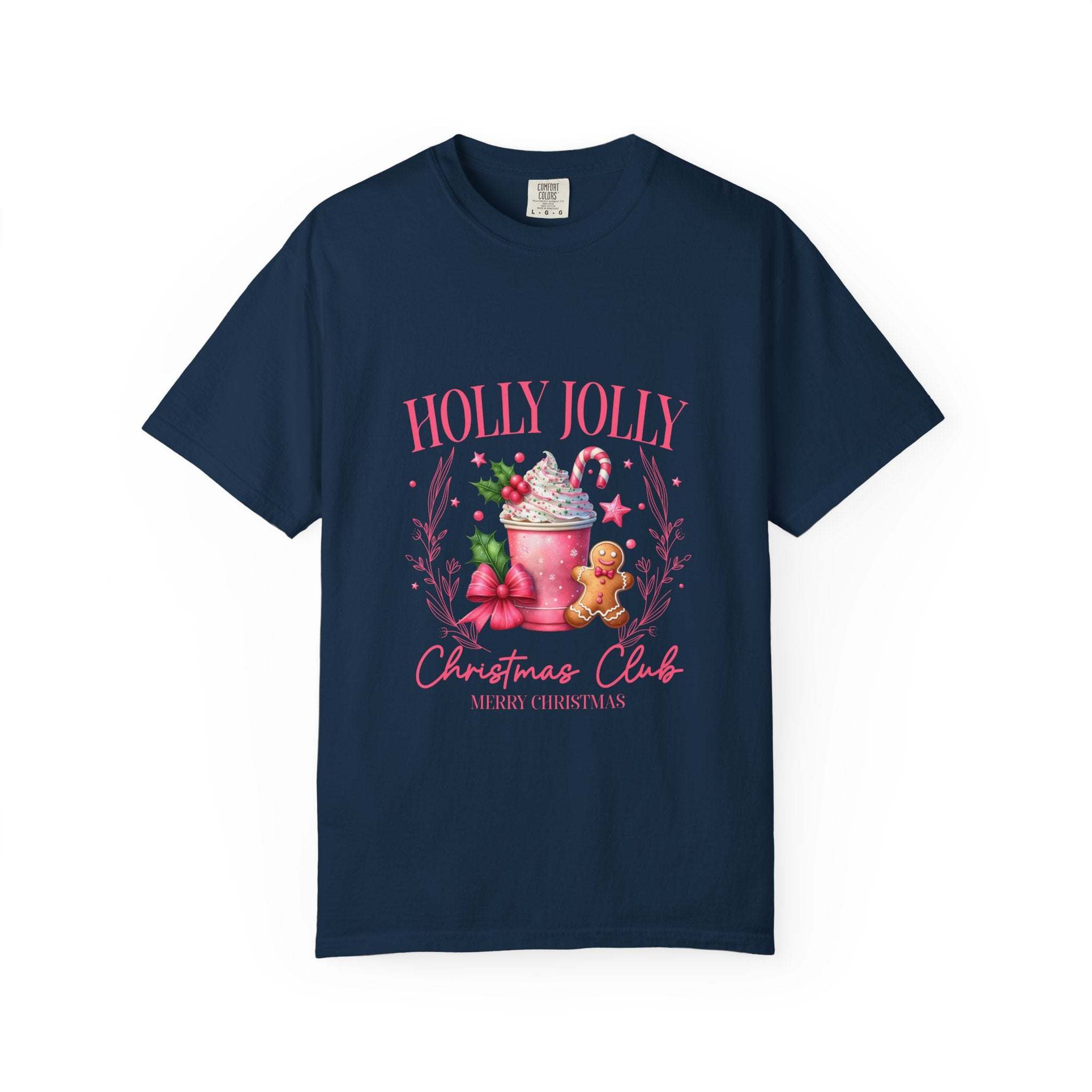 Unisex garment-dyed black Christmas t-shirt with 'Holly Jolly Christmas Club' design by Printify