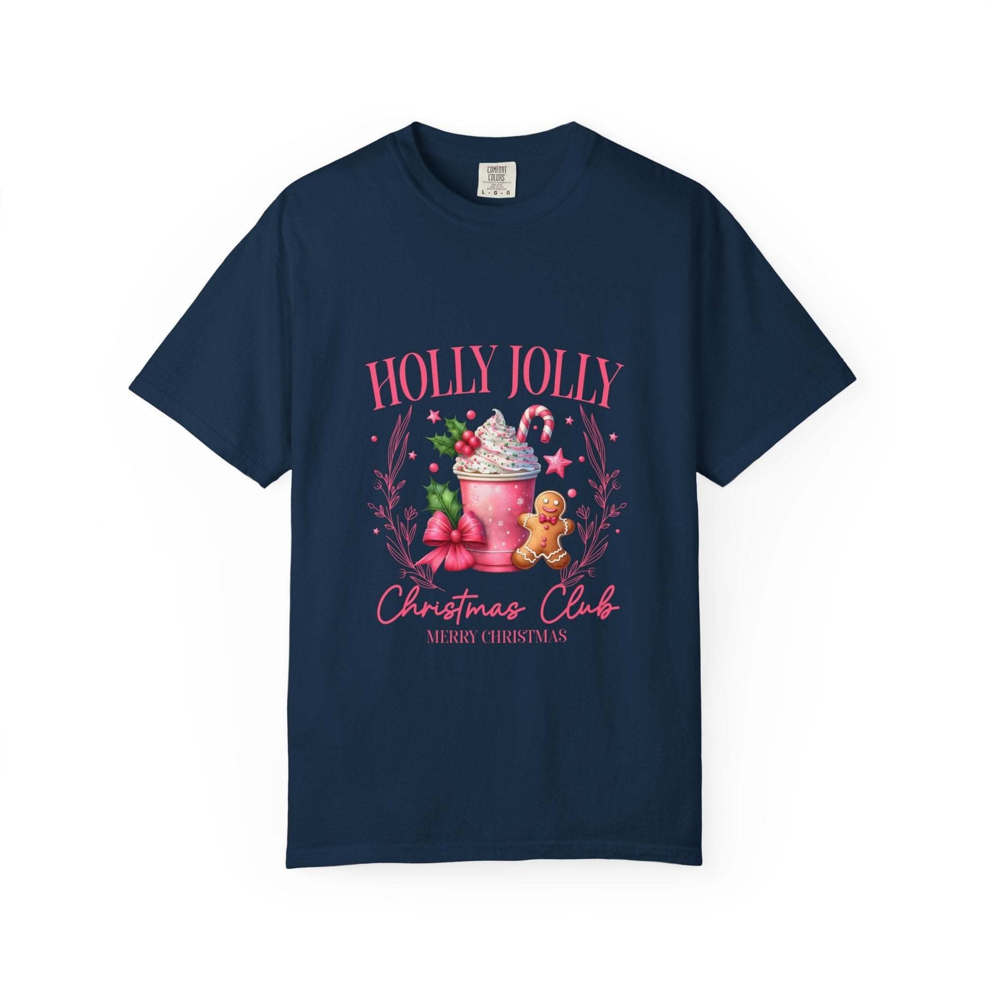Unisex garment-dyed black Christmas t-shirt with 'Holly Jolly Christmas Club' design by Printify