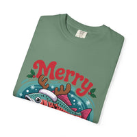 True Navy garment-dyed t-shirt featuring Merry Fishmas design for fishermen, by Printify