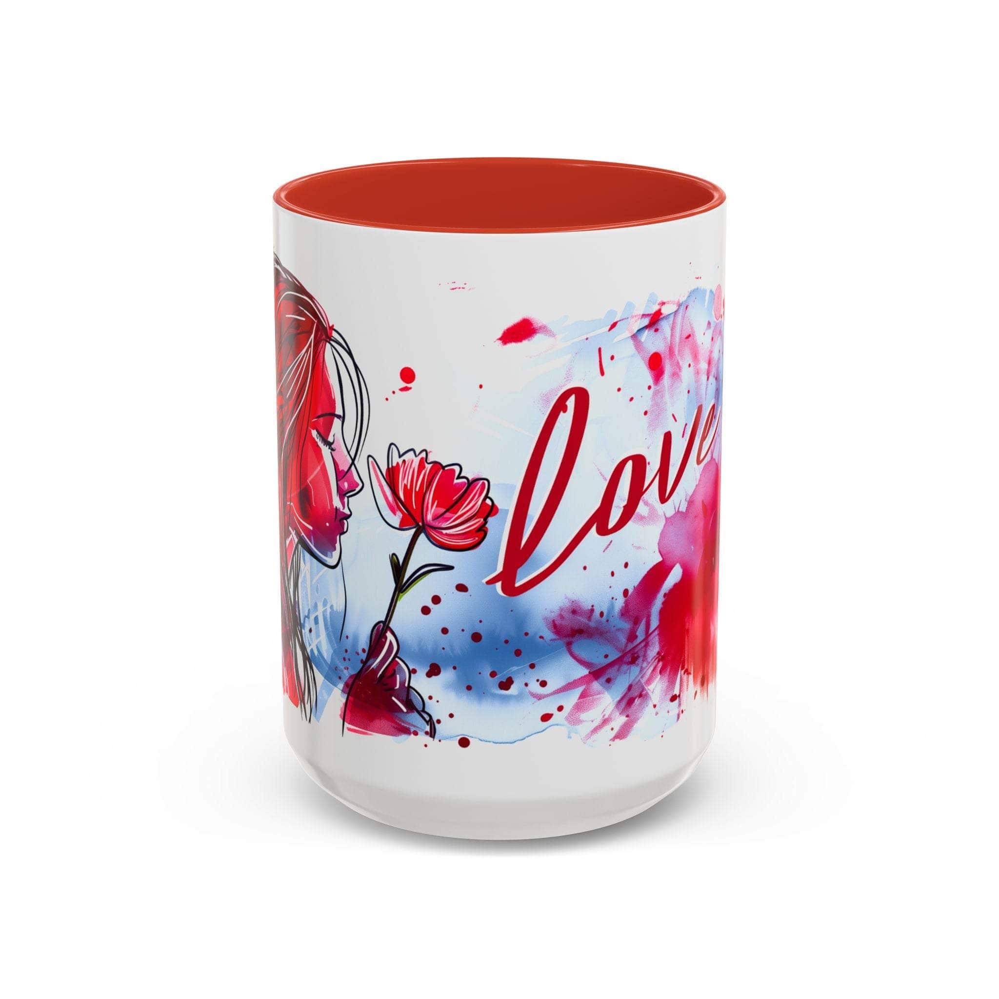 Valentines floral love accent coffee mug with red interior and romantic heart and floral design